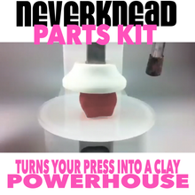 NEVERknead for wedging pottery clay with half ton of pressure, saving your hands and eliminating pain. The NEVERknead Pottery Wedging machine uses your half ton arbor press and this Parts Kit to turn your clay kneading into a powerhouse pain-free process with a 3.5 inch clearance for the clay -- by NEVERknead.com